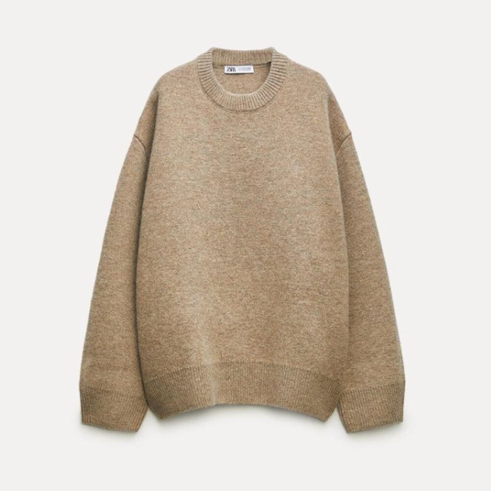 Zara Oversized Wool Blend Sweatshirt Sweater in Sand/Marl - L/XL